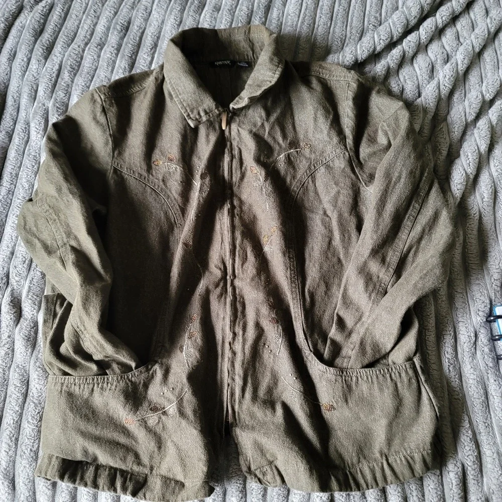 Krazy Kat‎ Olive Green Embroidered & Beaded Boho Jacket  XL with Pockets